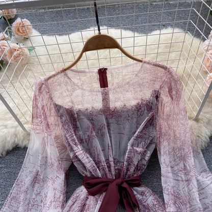 BerryBetty - Elegant Women Mesh Dress Vintage Lantern Sleeves Printed Party Dresses Spring Summer Patchwork A Line Bandage Beach Dress