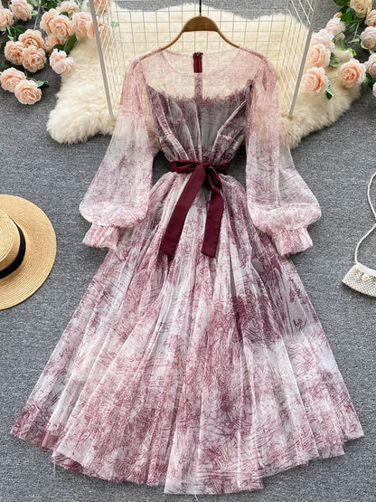 BerryBetty - Elegant Women Mesh Dress Vintage Lantern Sleeves Printed Party Dresses Spring Summer Patchwork A Line Bandage Beach Dress