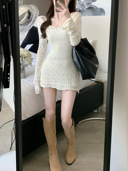 BerryBetty - Autumn Elegant Knitted Dress Women Long Sleeve Lace Short Party Dress Korea Fashion Slim Sexy Y2k Mini Dress Female Vintage