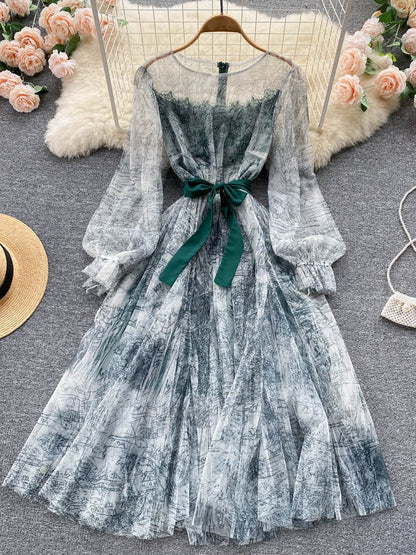 BerryBetty - Elegant Women Mesh Dress Vintage Lantern Sleeves Printed Party Dresses Spring Summer Patchwork A Line Bandage Beach Dress