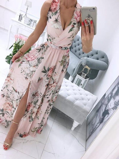 BerryBetty - Sexy Long Evening Dress Elegant Dress For Women V-neck Side Split Party Dresses Female Summer Fashion Casual Club Ladies Clothes