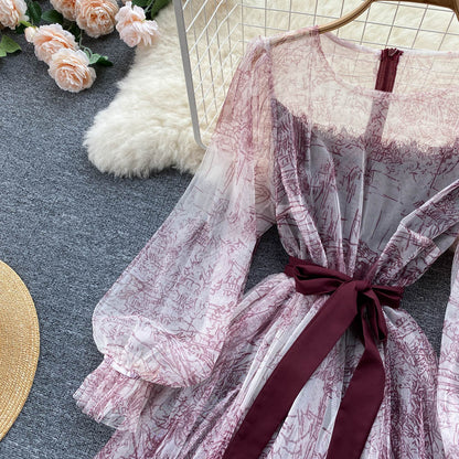 BerryBetty - Elegant Women Mesh Dress Vintage Lantern Sleeves Printed Party Dresses Spring Summer Patchwork A Line Bandage Beach Dress