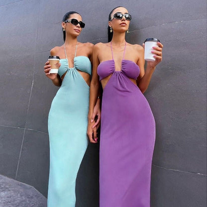 BerryBetty - Sexy Hollow Out Corset Maxi Dress Party Dress Women Halter Cut Out  Wrap Split Long Dresses Summer Backless Clubwear Midi Robe