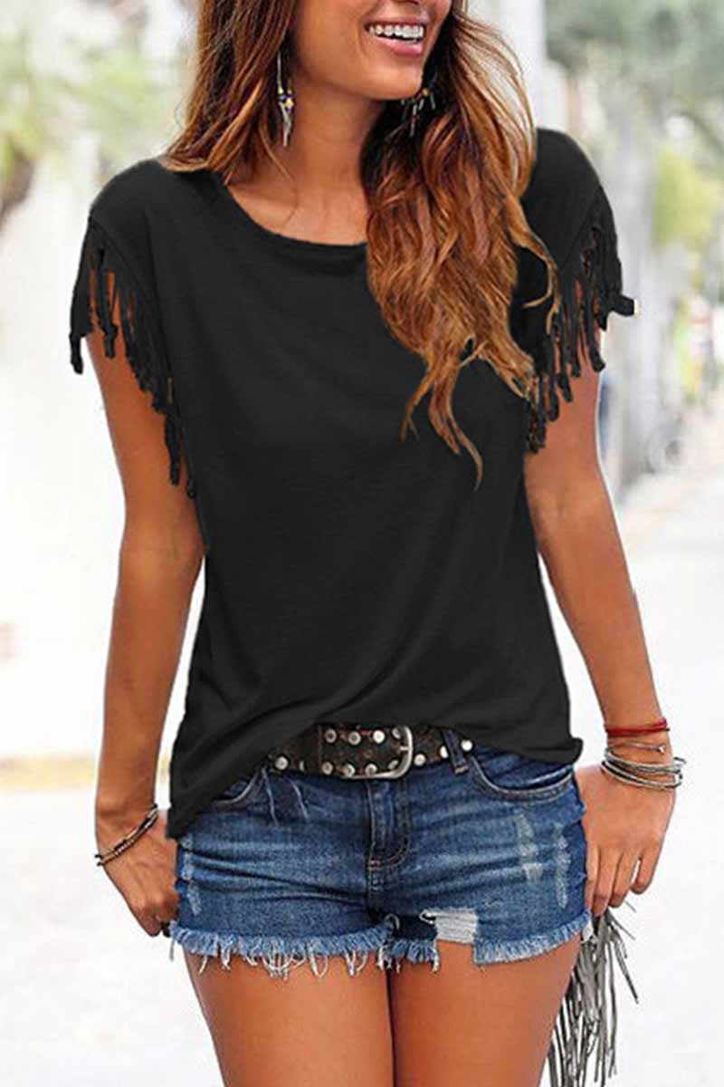 BerryBetty -  Short-sleeve Loose Tassel T-shirt(3 Colors)