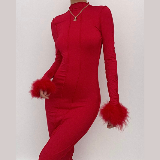 BerryBetty - Long sleeve solid feather ruffle high neck backless midi dress