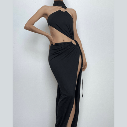 BerryBetty - Halter o ring irregular solid backless ruched slit maxi dress