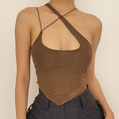 BerryBetty - Sheer mesh see through halter irregular cross back backless crop top