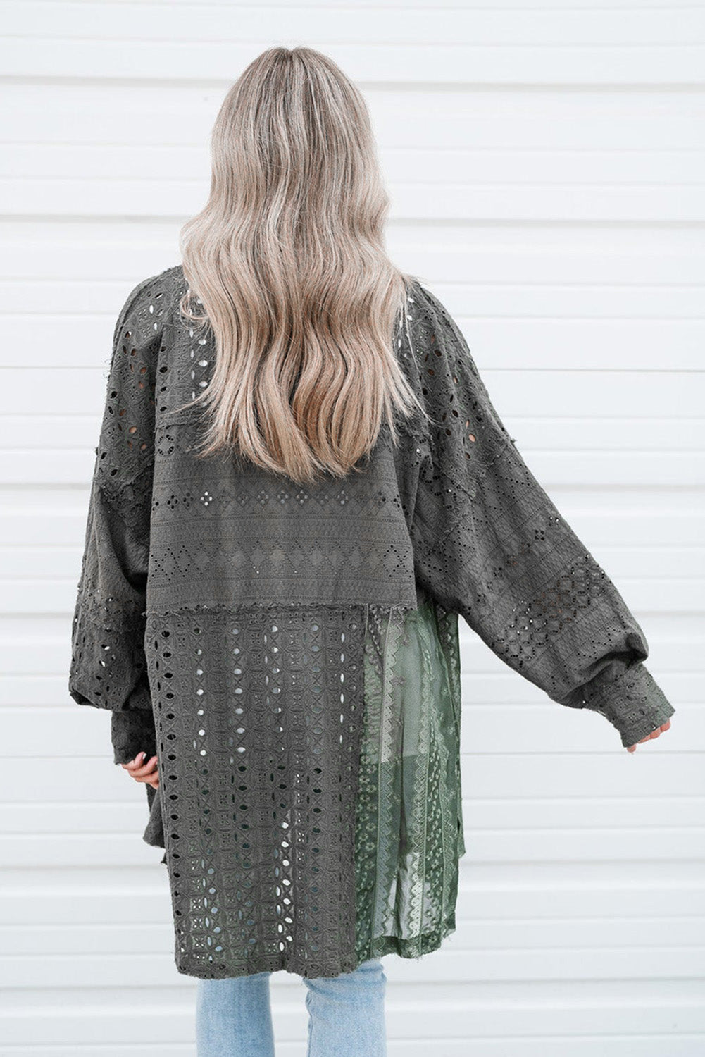 BerryBetty - Duffel Green Eyelet Pattern Patchwork Oversized Button Up Shacket