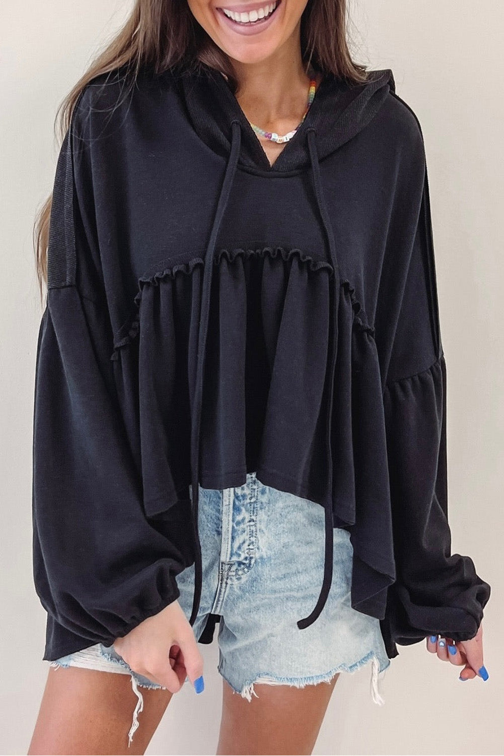 Black Oversized Ruffled High Low Hem Drop Shoulder Hoodie Black 63%Polyester+37%Cotton All In Stock clothes long sleeve top Occasion Daily Print Solid Color Season Spring Style Casual sweater sweaters top tops