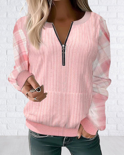 BerryBetty - Zipper plaid color block sweatshirt