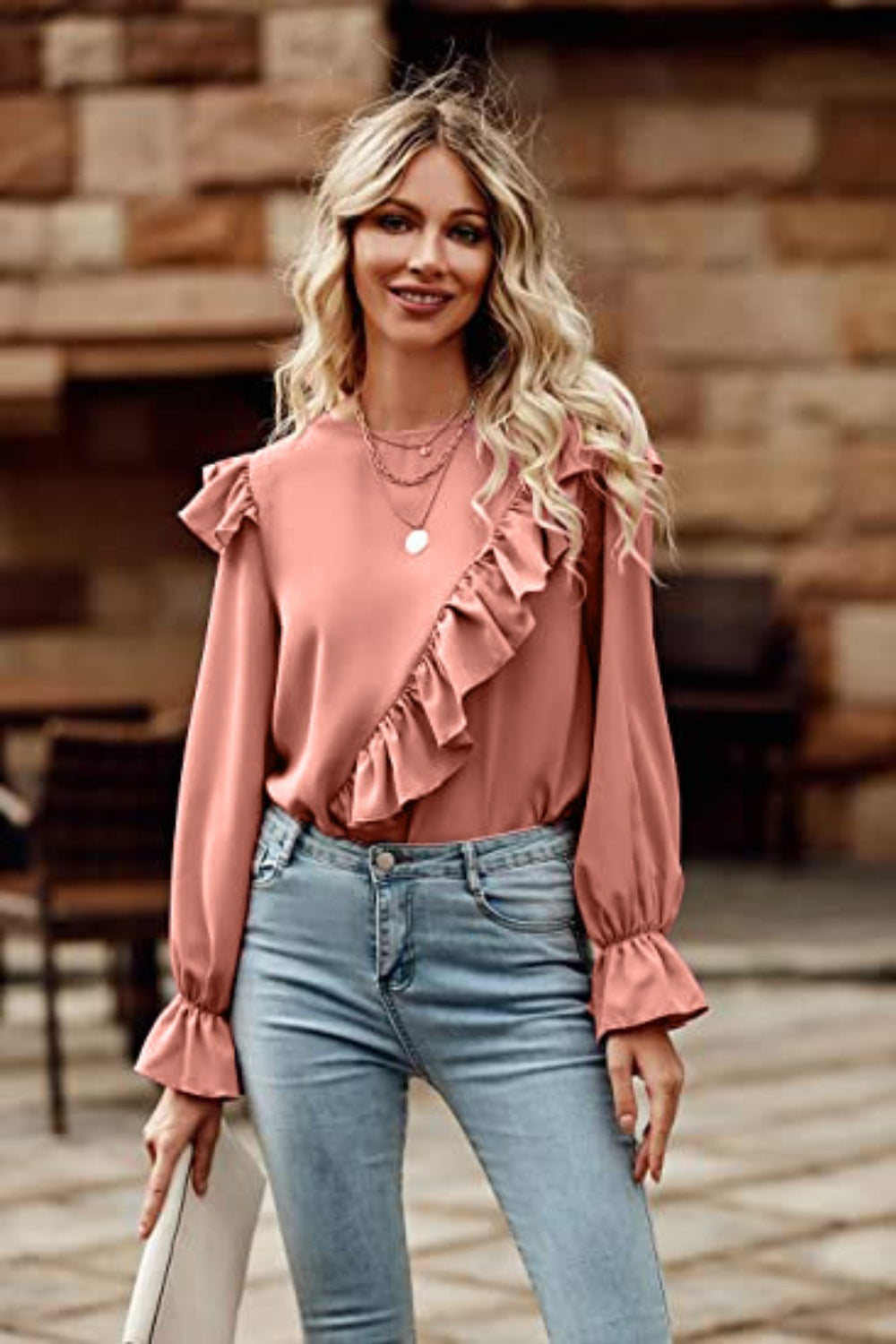 Ruffled Round Neck Long Sleeve Top Coral A@X@E blouses clothes long sleeve shirt Ship From Overseas Shipping Delay 09/29/2023 - 10/04/2023 shirts tops