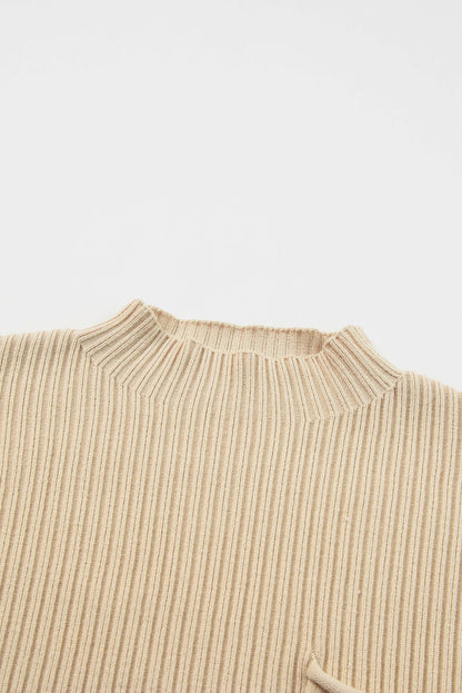 BerryBetty - Oatmeal Patch Pocket Ribbed Knit Short Sleeve Sweater