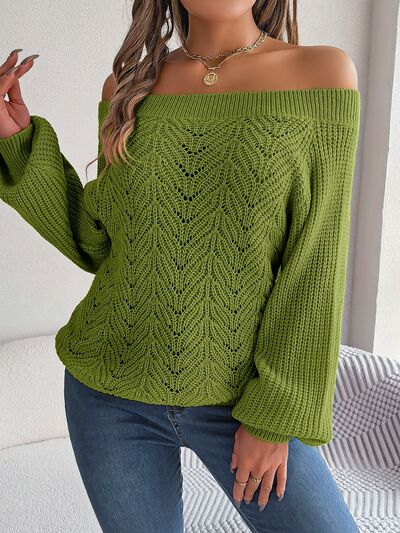 BerryBetty - Openwork Off-Shoulder Long Sleeve Sweater