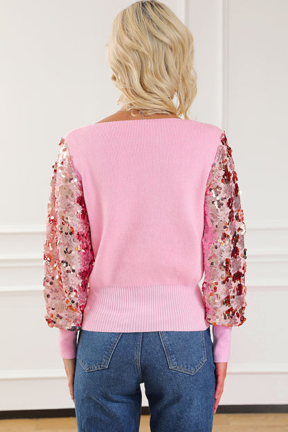 BerryBetty - Pink Contrast Sequin Sleeve V Neck Ribbed Knit Sweater