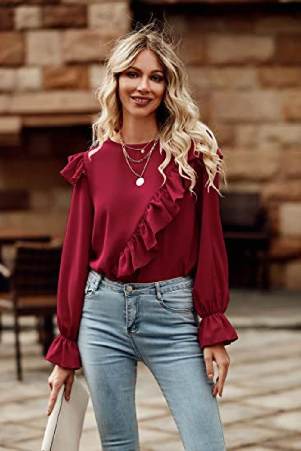 Ruffled Round Neck Long Sleeve Top Deep Red A@X@E blouses clothes long sleeve shirt Ship From Overseas Shipping Delay 09/29/2023 - 10/04/2023 shirts tops