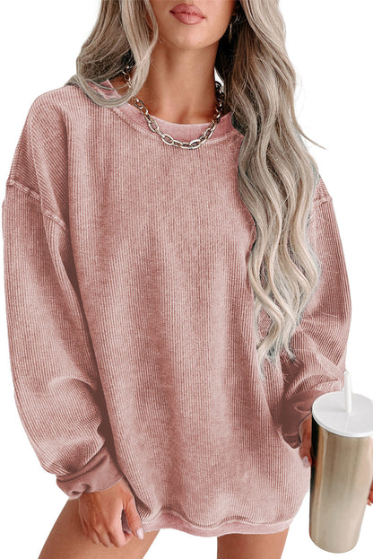 BerryBetty - Pink Solid Ribbed Knit Round Neck Pullover Sweatshirt