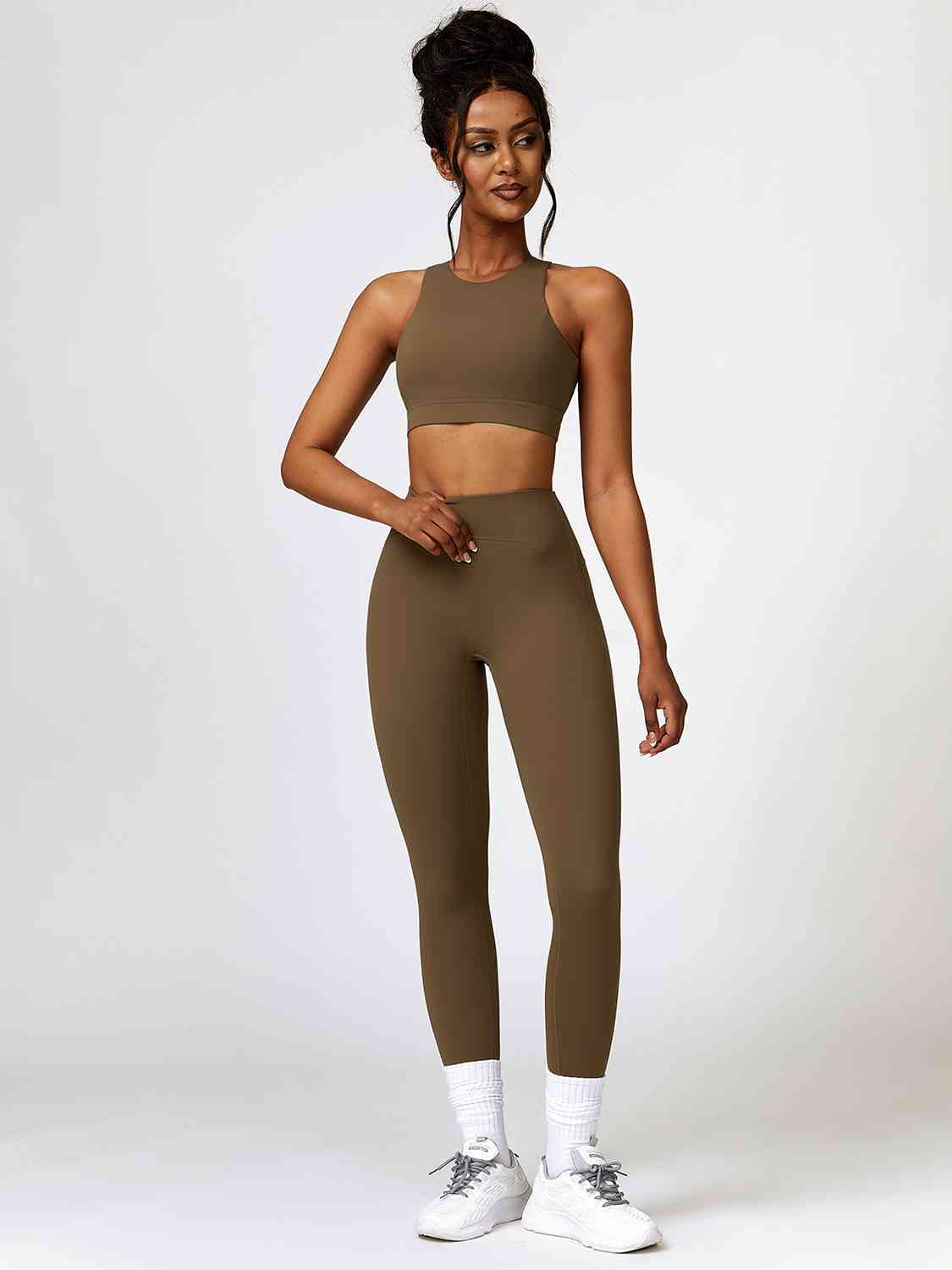 Cutout Cropped Sport Tank and Leggings Set Olive Brown activewear Activewear sets clothes Ship From Overseas Z&C