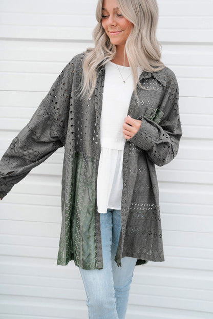 BerryBetty - Duffel Green Eyelet Pattern Patchwork Oversized Button Up Shacket