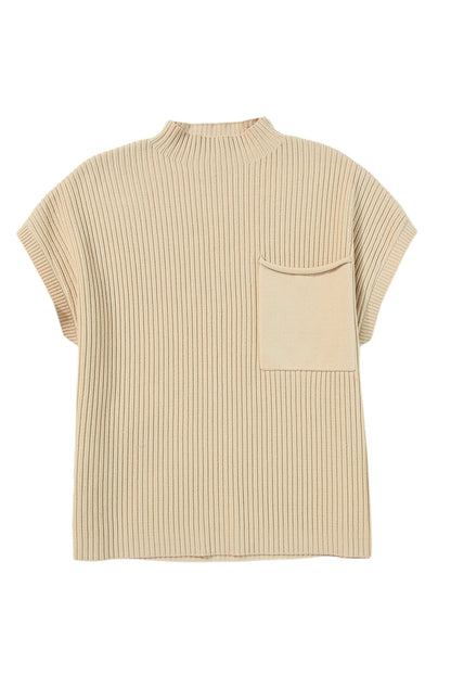 BerryBetty - Oatmeal Patch Pocket Ribbed Knit Short Sleeve Sweater