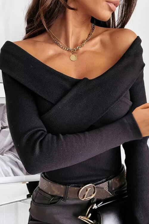 Ribbed Crisscross Long Sleeve Knit Top Black clothes long sleeve shirt long sleeve shirts long sleeve top long sleeve tops Ship From Overseas shirt shirts SYNZ top tops Tops/Blouses