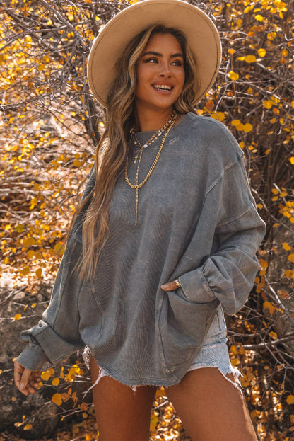 BerryBetty - Gray Exposed Seam Twist Open Back Oversized Sweatshirt