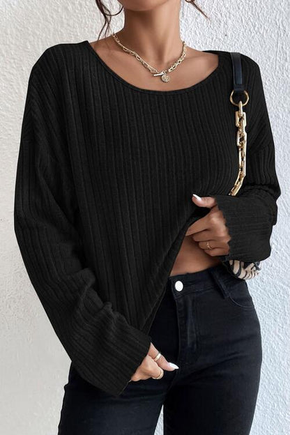 BerryBetty - Ribbed Round Neck Drop Shoulder Long Sleeve Top