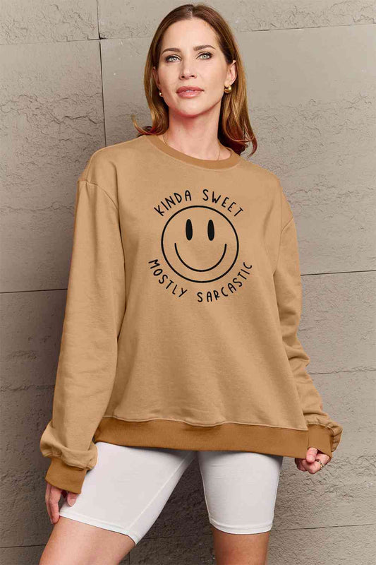 Simply Love Full Size Smiling Face Graphic Sweatshirt Taupe clothes long sleeve long sleeve shirts long sleeve top Ship From Overseas Shipping Delay 09/29/2023 - 10/04/2023 Simply Love sweater sweaters