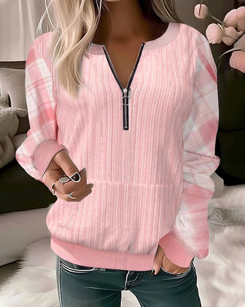 Zipper plaid color block sweatshirt Pink 2023 f/w 23BF cardigans Clothes discount hoodies & sweatshirts spring Tops/Blouses