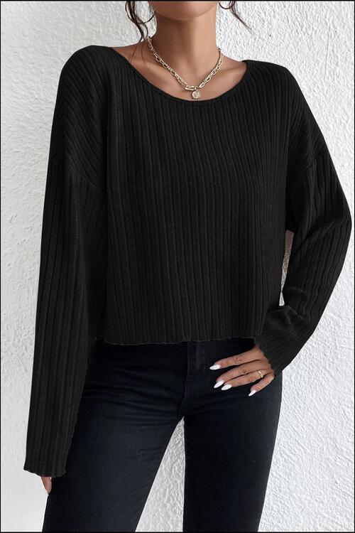 BerryBetty - Ribbed Round Neck Drop Shoulder Long Sleeve Top