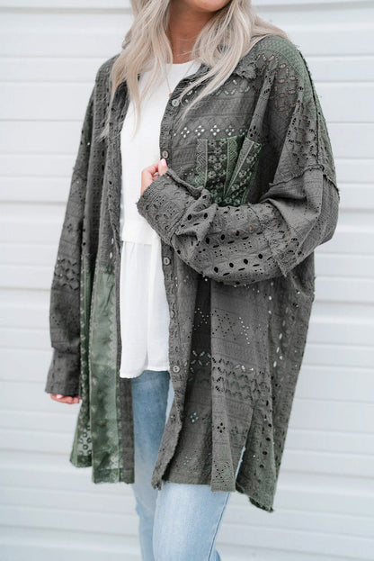 BerryBetty - Duffel Green Eyelet Pattern Patchwork Oversized Button Up Shacket