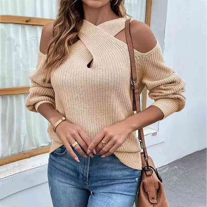 Crisscross Cold-Shoulder Sexy Sweater Cream clothes long sleeve shirts long sleeve top Ship From Overseas Shipping Delay 10/01/2023 - 10/02/2023 shirt shirts sweater sweaters top tops Y*X