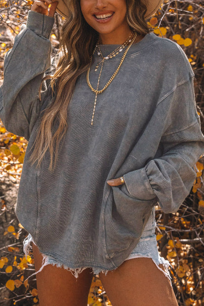 Gray Exposed Seam Twist Open Back Oversized Sweatshirt Gray 80%Polyester+20%Cotton All In Stock Best Sellers clothes Craft Patchwork Craft Washed Early Fall Collection long sleeve shirts long sleeve top Occasion Daily Print Solid Color Season Winter Style Casual Sweater sweaters Sweatshirt