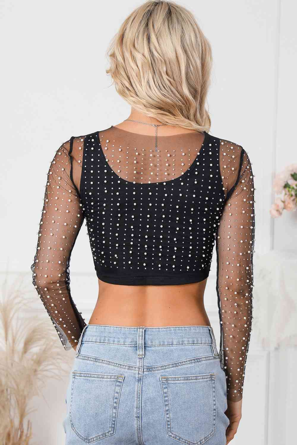 BerryBetty - Pearl Long Sleeve Mesh Cropped Top