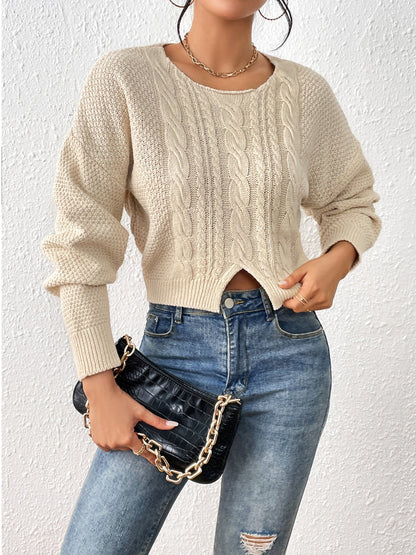 BerryBetty - Cable-Knit Slit Drop Shoulder Sweater