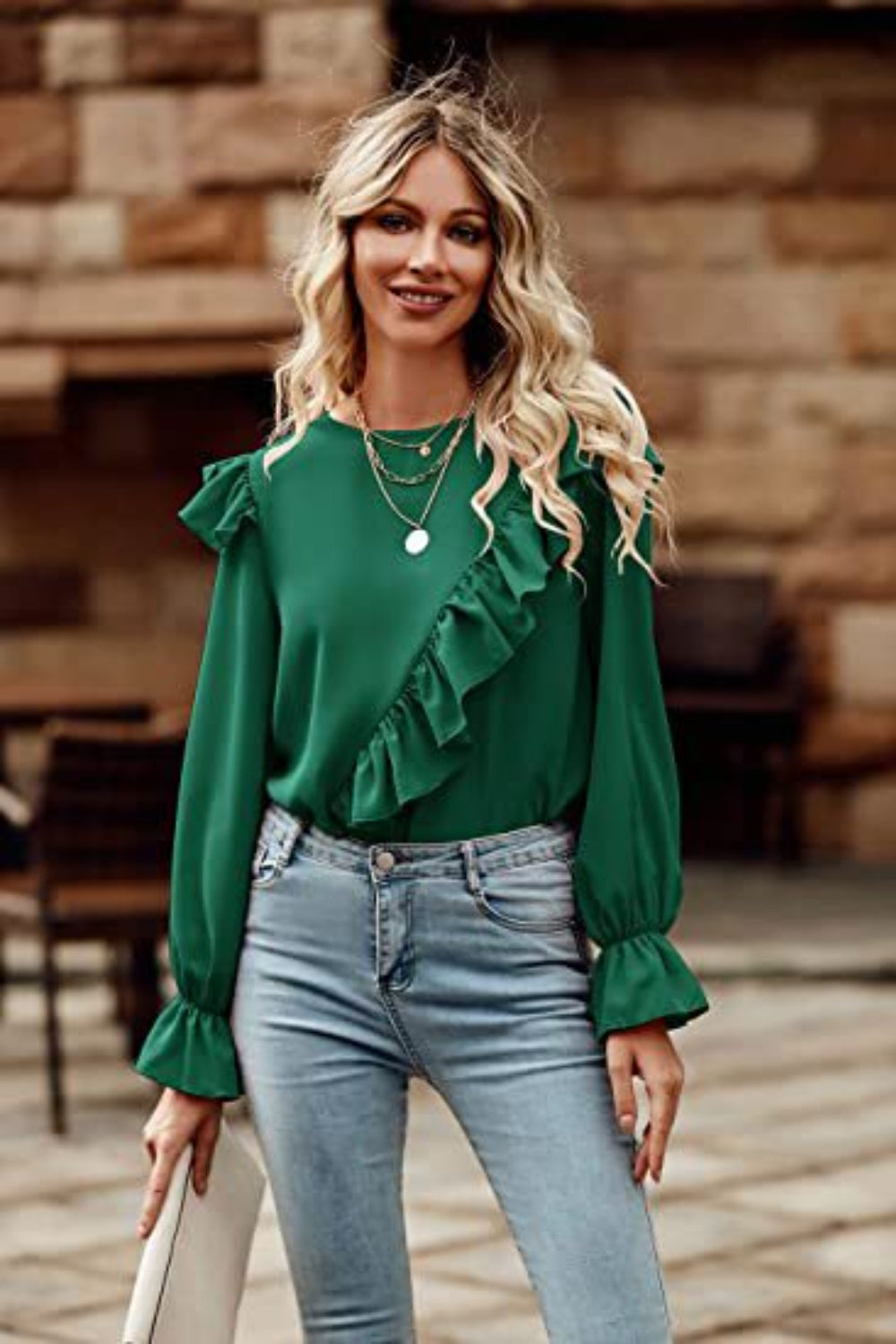 Ruffled Round Neck Long Sleeve Top Black Forest A@X@E blouses clothes long sleeve shirt Ship From Overseas Shipping Delay 09/29/2023 - 10/04/2023 shirts tops