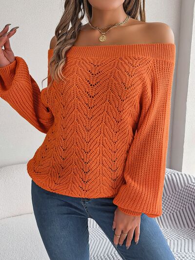 BerryBetty - Openwork Off-Shoulder Long Sleeve Sweater