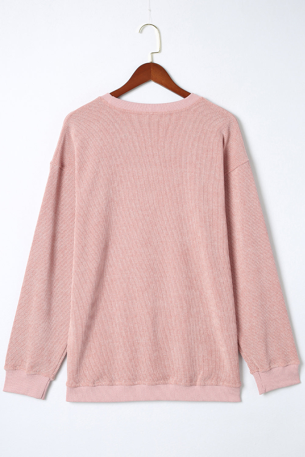 BerryBetty - Pink Solid Ribbed Knit Round Neck Pullover Sweatshirt