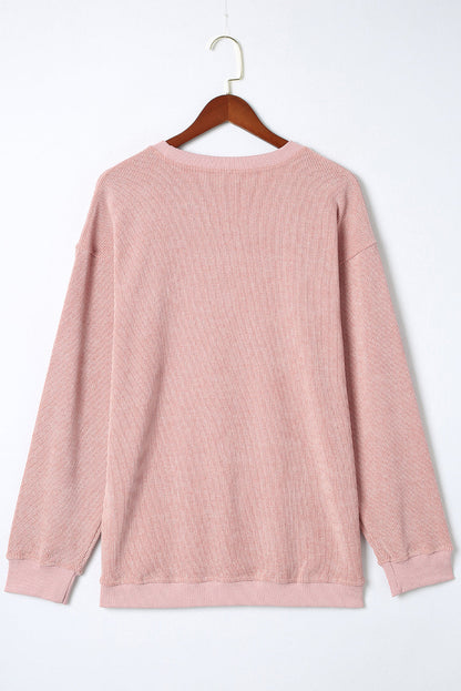 BerryBetty - Pink Solid Ribbed Knit Round Neck Pullover Sweatshirt