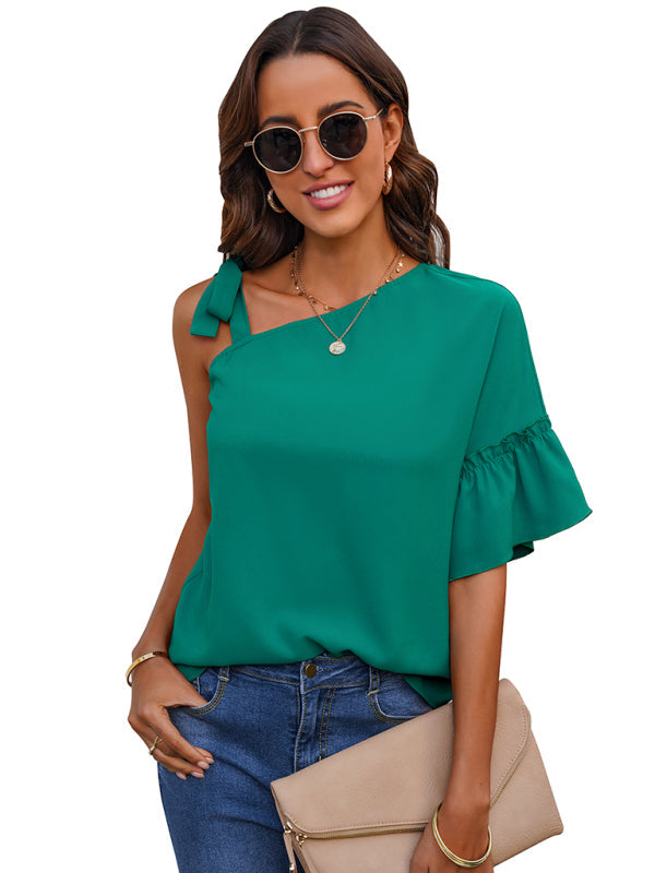 BerryBetty - Women's fashion diagonal collar Ruffle Sleeve Chiffon Top