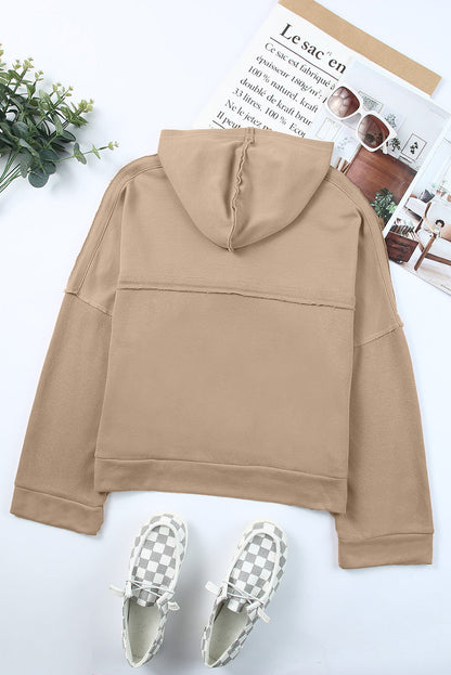 BerryBetty - Khaki Casual Button Solid Patchwork Trim Hoodie