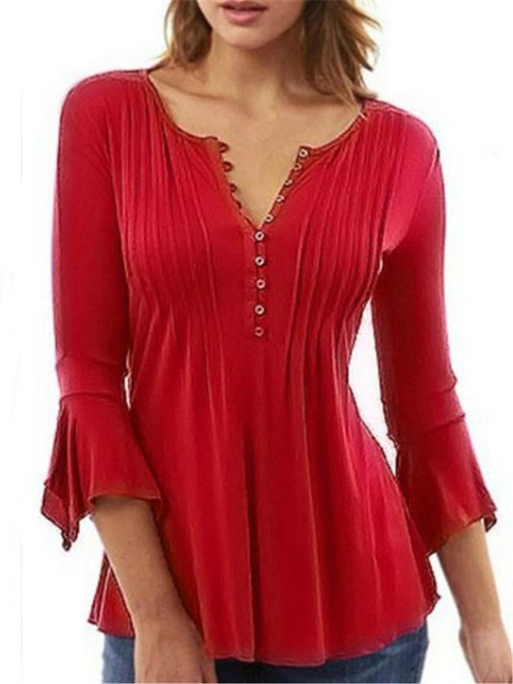 BerryBetty - Pleated V-neck Flared Sleeve Plain Color Blouse For Women