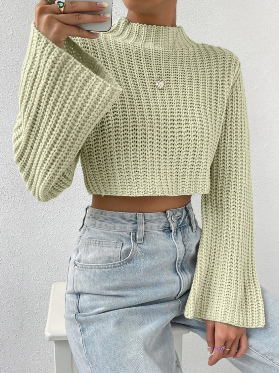 BerryBetty - Mock Neck Long Sleeve Cropped Sweater