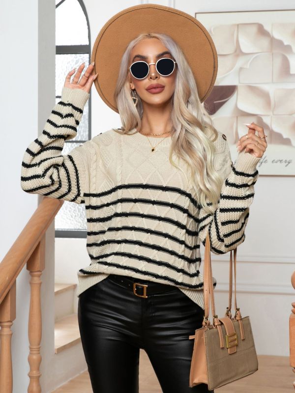 Women's Casual Button Striped Long Sleeve Pullover Sweater White clothes long sleeve shirt long sleeve shirts long sleeve top long sleeve tops Sweater sweaters