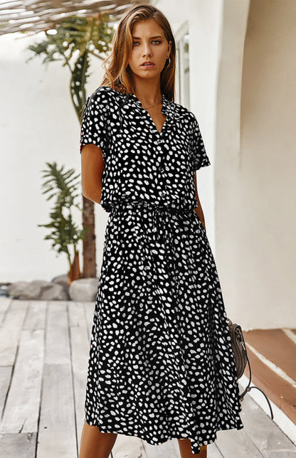 BerryBetty - Women's Polka Dot Short Sleeve Shirt Collar Dress