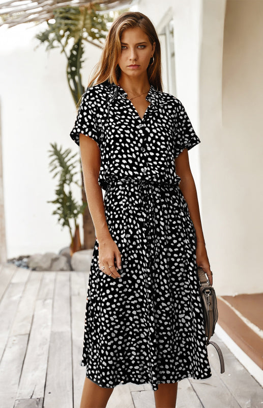BerryBetty - Women's Polka Dot Short Sleeve Shirt Collar Dress