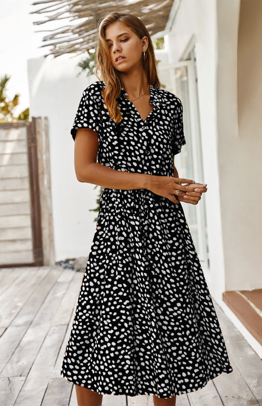 BerryBetty - Women's Polka Dot Short Sleeve Shirt Collar Dress