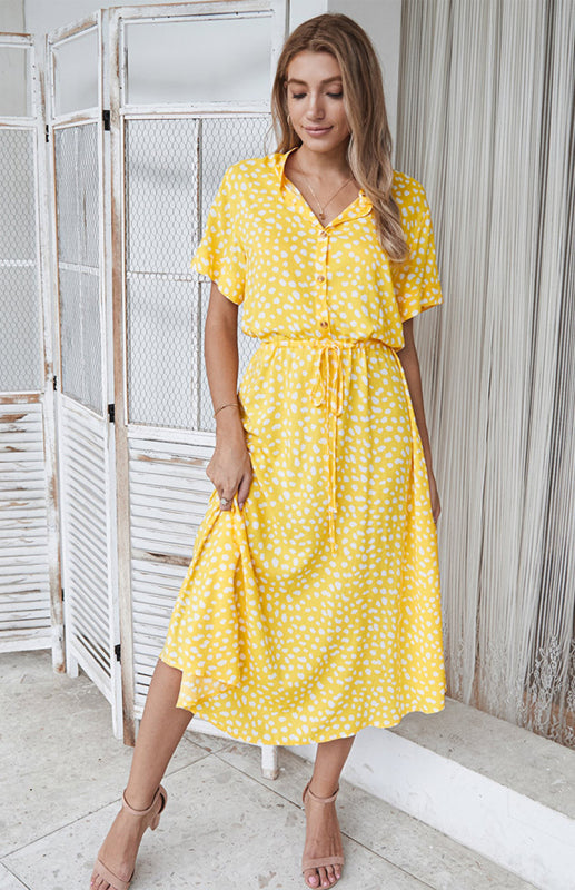 BerryBetty - Women's Polka Dot Short Sleeve Shirt Collar Dress
