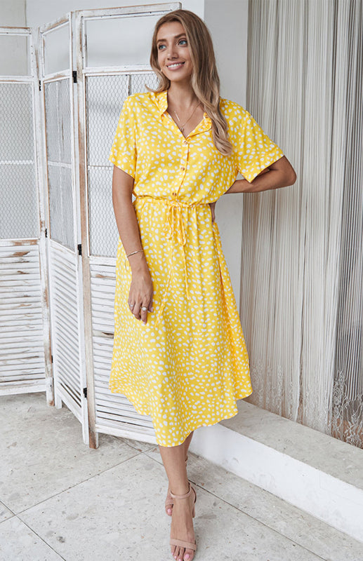BerryBetty - Women's Polka Dot Short Sleeve Shirt Collar Dress
