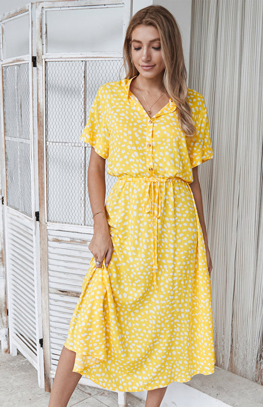 BerryBetty - Women's Polka Dot Short Sleeve Shirt Collar Dress