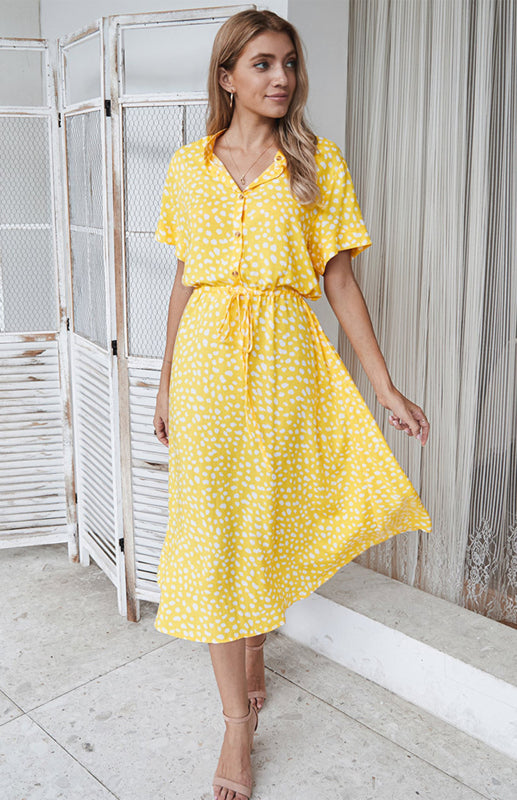 BerryBetty - Women's Polka Dot Short Sleeve Shirt Collar Dress
